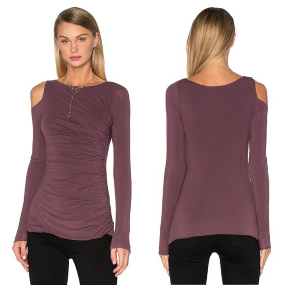 Bailey 44 Plum Ruched One Cold Shoulder Asymmetrical Long Sleeve Top - Size S - Picture 8 of 8